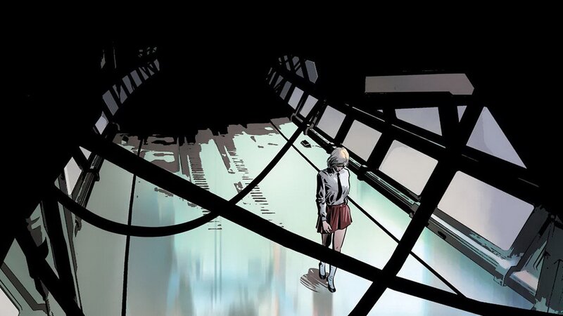 Girl in a glass corridor