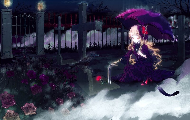 Girl in a graveyard with an umbrella
