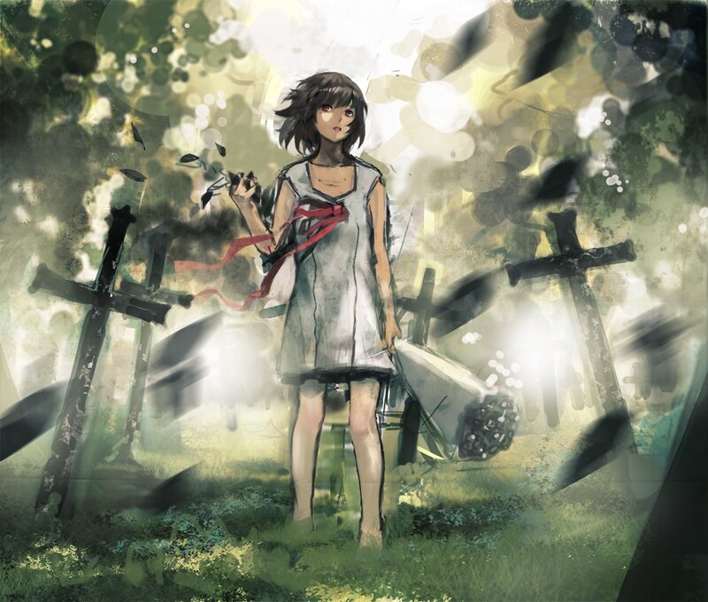girl in a graveyard with swords