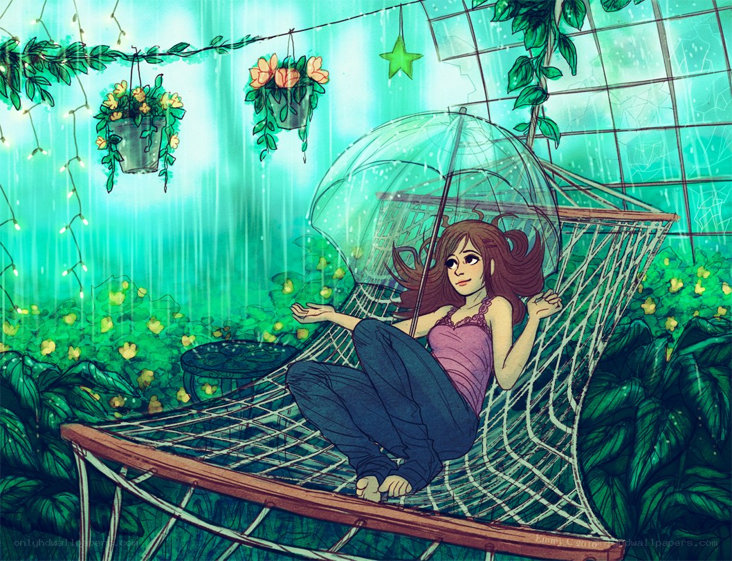 Girl in a hammock during rain