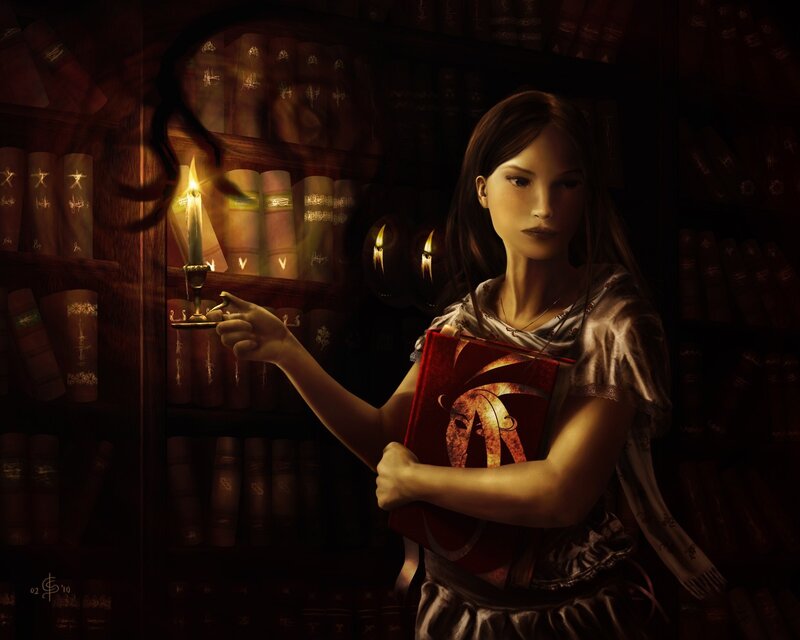 girl in a library with candle