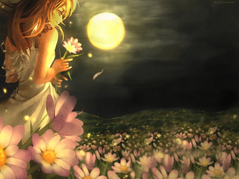 Girl in a moonlit flower field