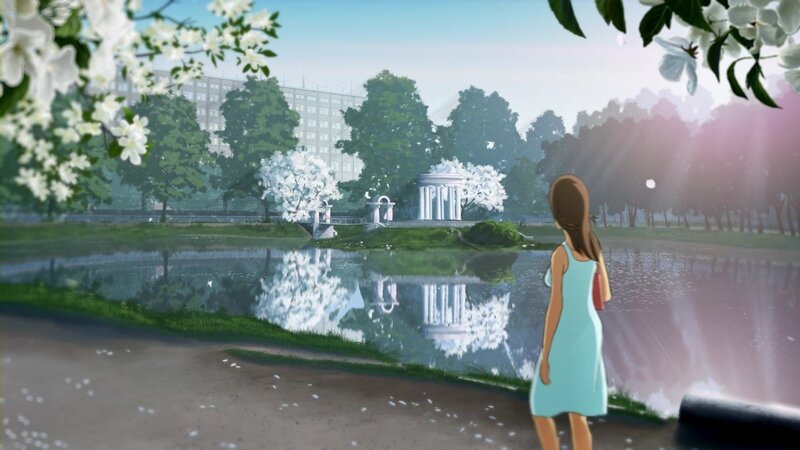 Girl in a park with a pond