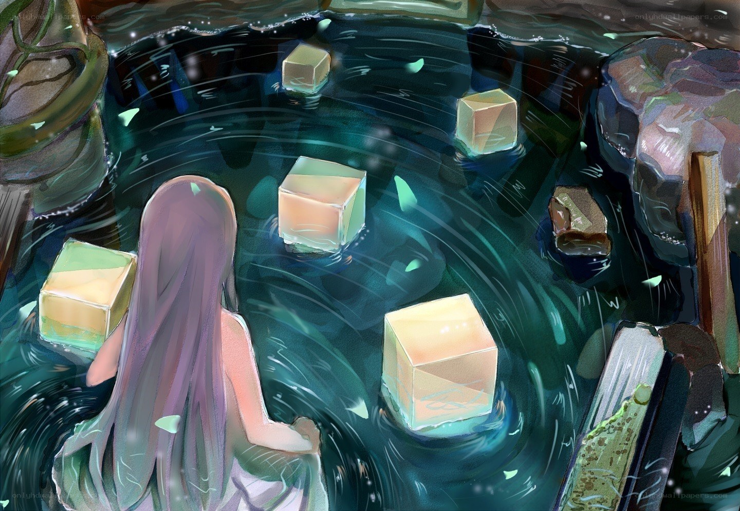 girl in a pool with cubes