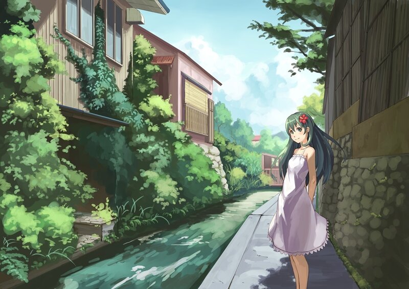 Girl in a purple dress on a path