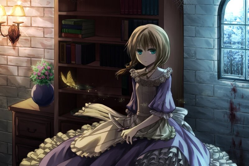Girl in a purple dress with knife