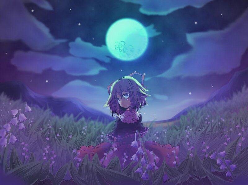 Girl in a purple field at night