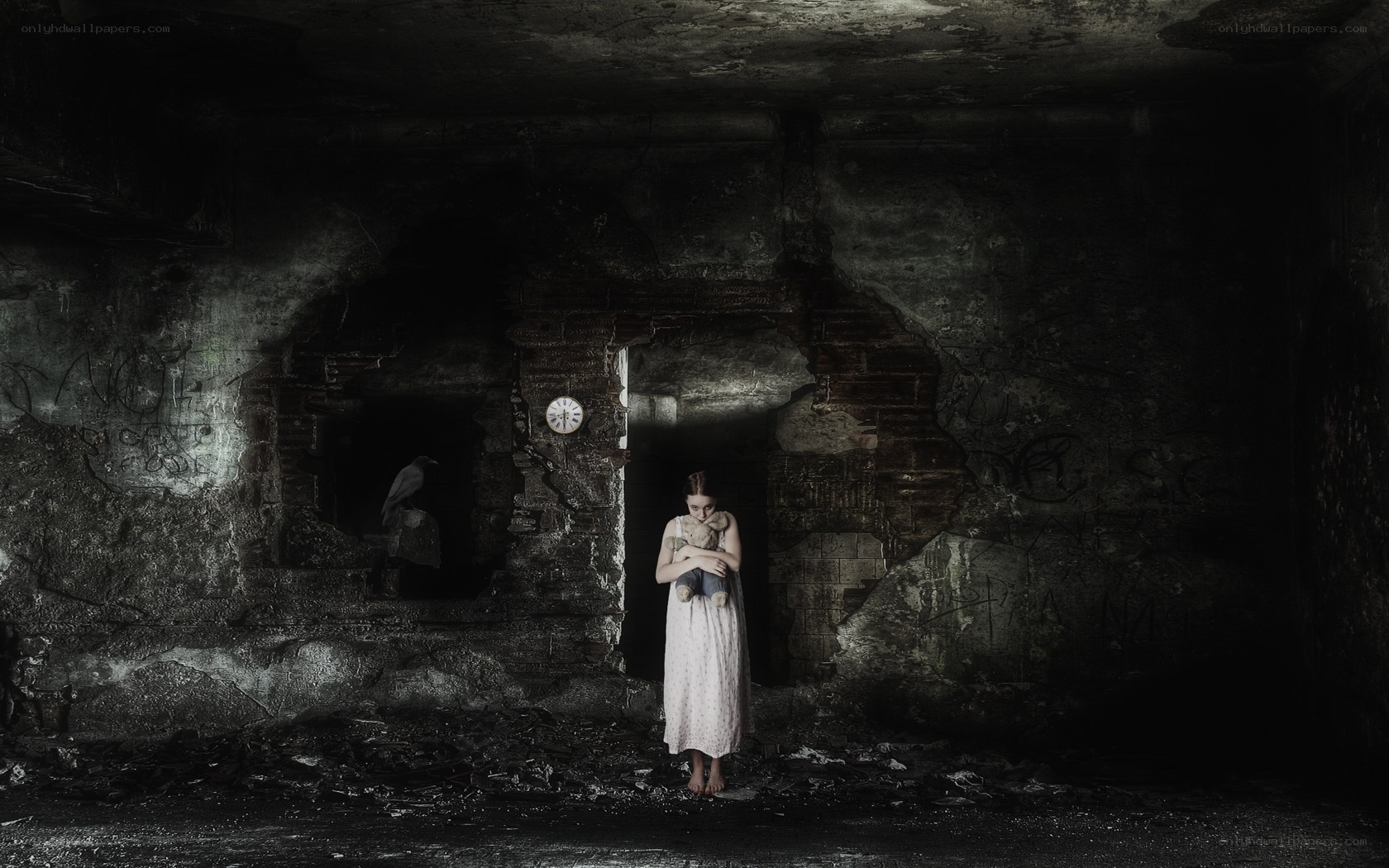 Girl in a ruined basement