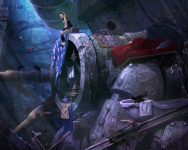 Girl in a ruined industrial space