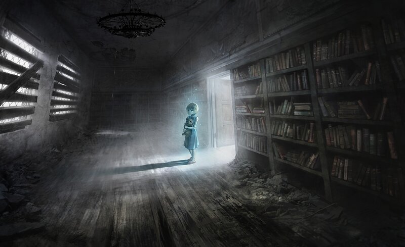 girl in a ruined library