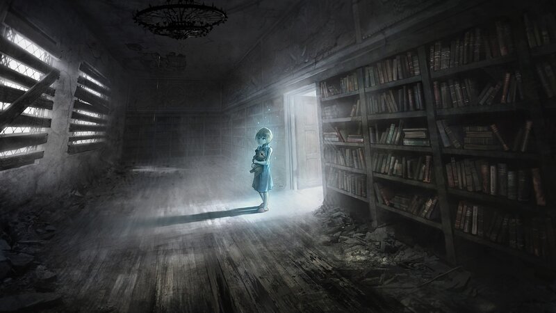girl in a ruined library