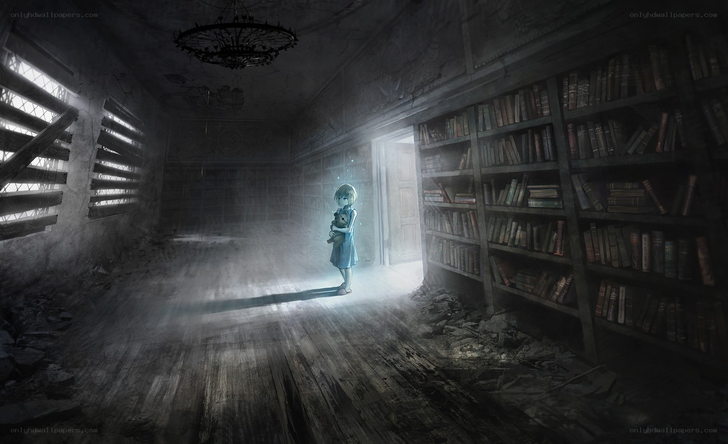 girl in a ruined library