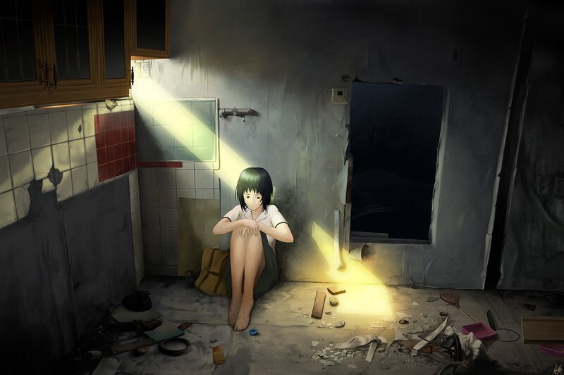 Girl in a ruined room