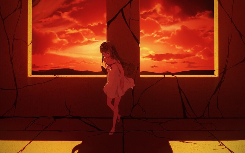 girl in a ruined room at sunset