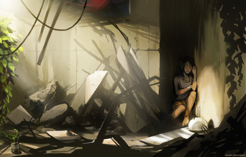 Girl in a ruined room