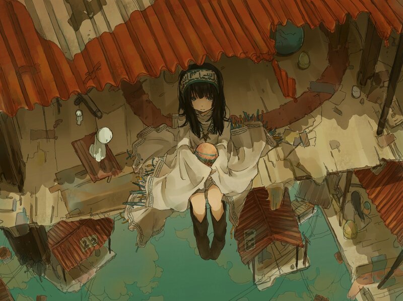 girl in a ruined village