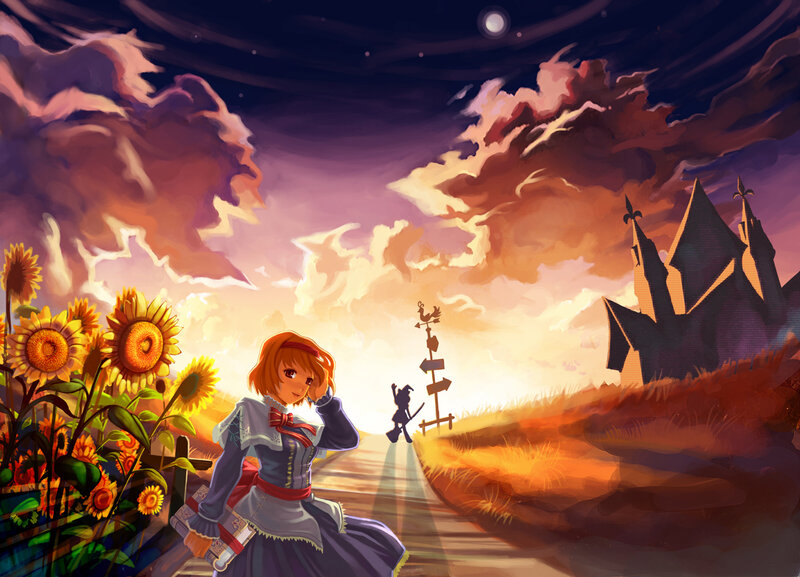 Girl in a sunflower field at sunset