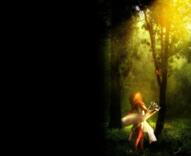 Girl in a sunlit forest