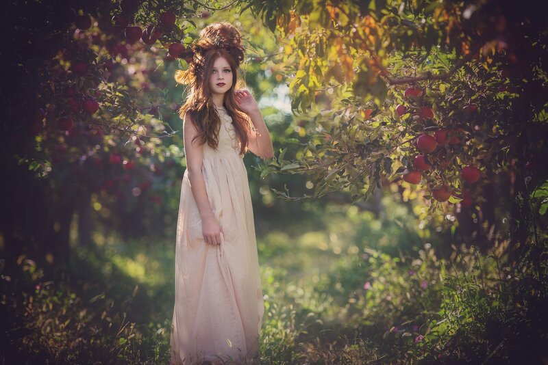 Girl in Apple Orchard — Green, Serene