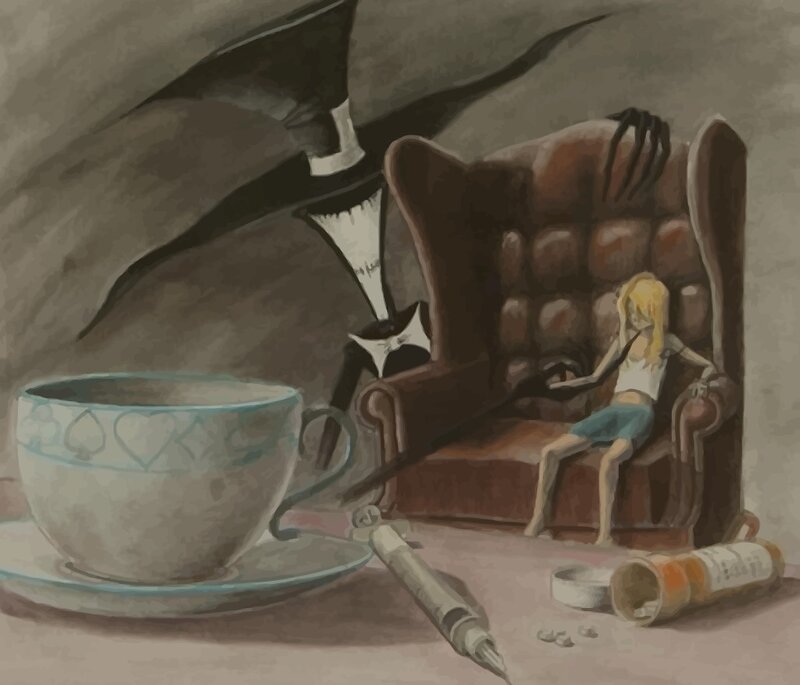 Girl in armchair with shadowy figure