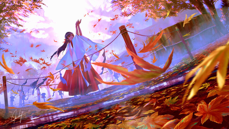 Girl in Autumn Leaves — Orange, Serene, Digital Art