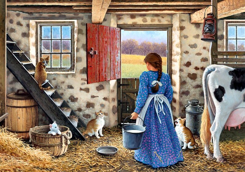 Girl in Barn with Cats — Blue