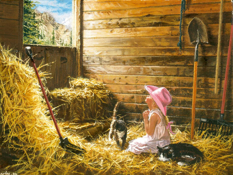 Girl in Barn with Cats — Yellow