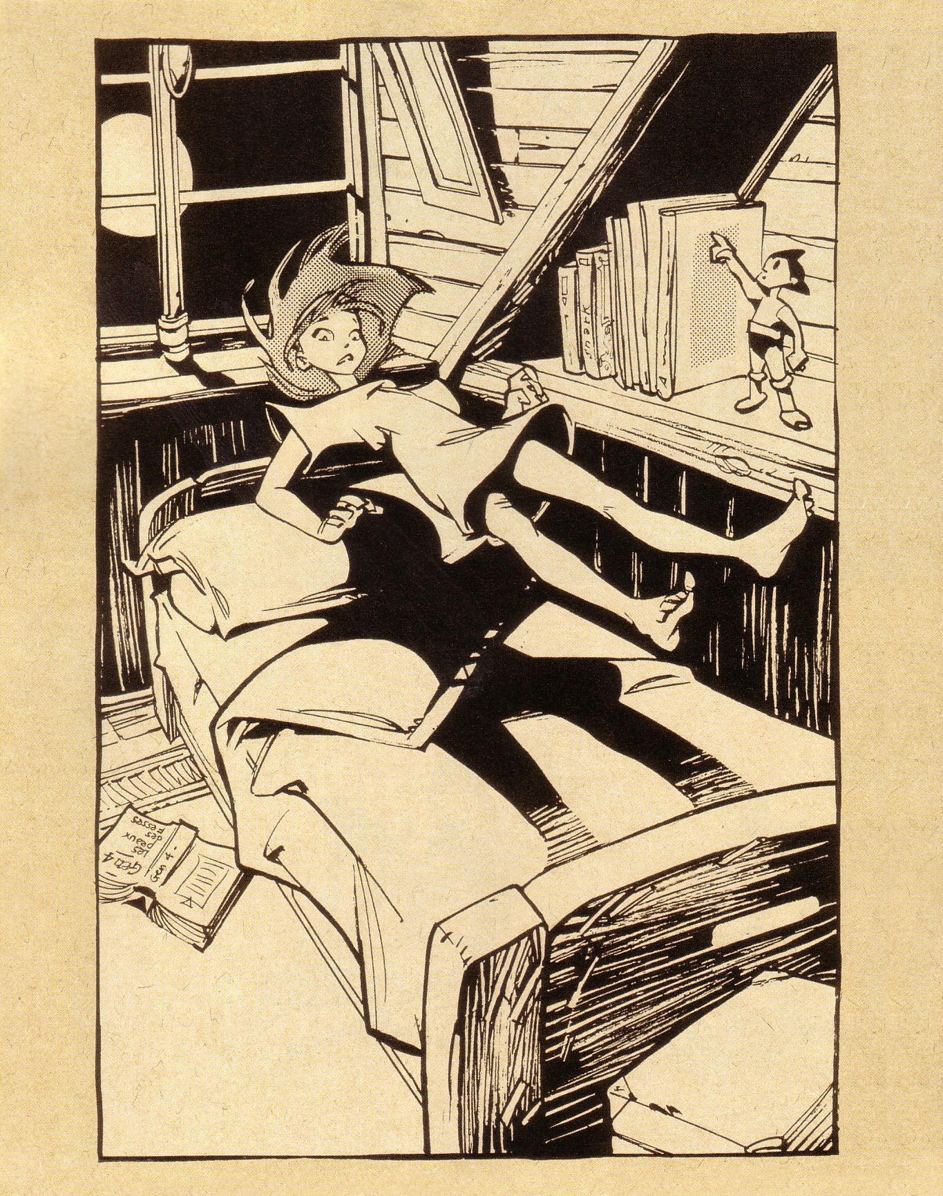 Girl in bed with bookshelf