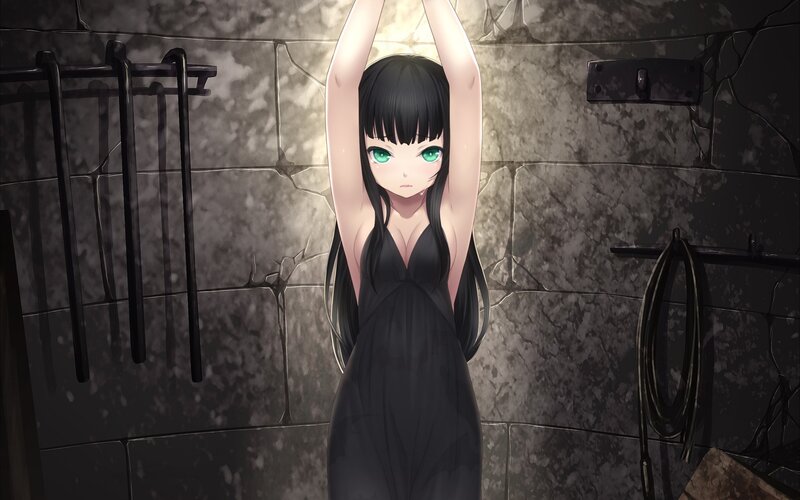girl in black dress in dungeon