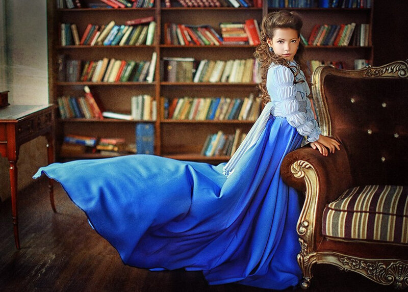 Girl in Blue Dress — Dramatic, Photograph, Bookshelf