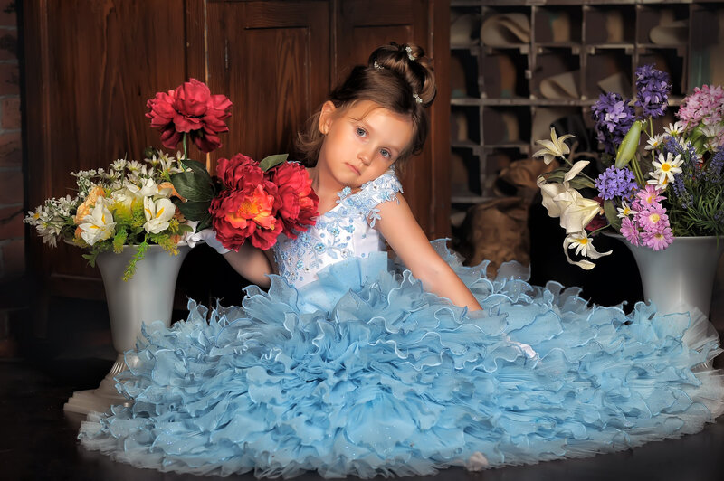 Girl in Blue Dress — Dramatic, Photograph, Flowers