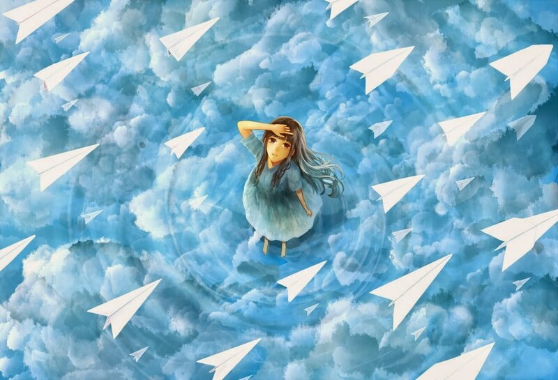 Girl in Blue Dress — Dreamy, Digital Art, Paper Airplanes