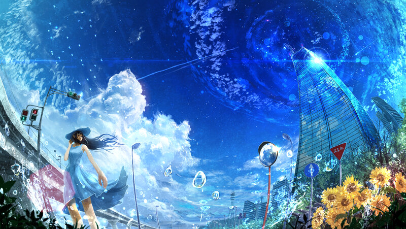 Girl in Blue Dress — Dreamy, Night, Digital Art