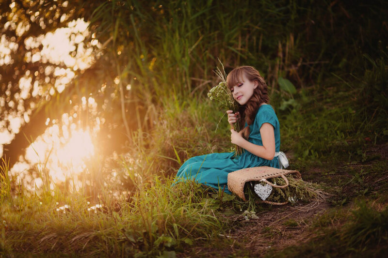 Girl in Blue Dress — Green, Serene, Sunset