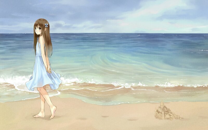 Girl in Blue Dress — Serene, Afternoon, Anime, Beach