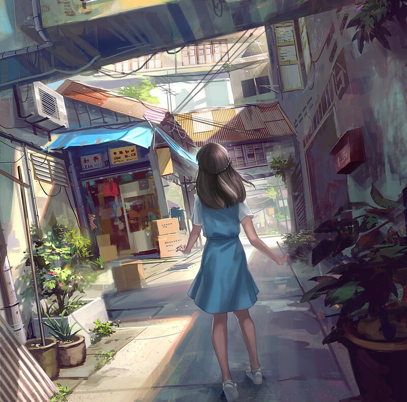 Girl in Blue Dress — Serene, Afternoon, Digital Art, Alley