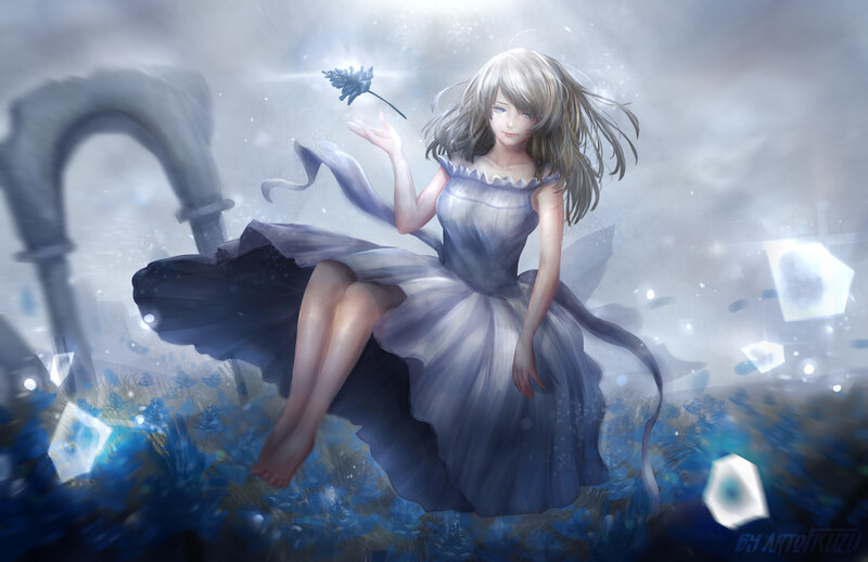 Girl in Blue Dress — Serene, Digital Art, Flower