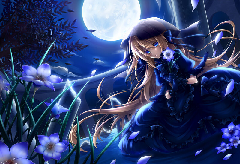 Girl in Blue Dress — Serene, Night, Anime
