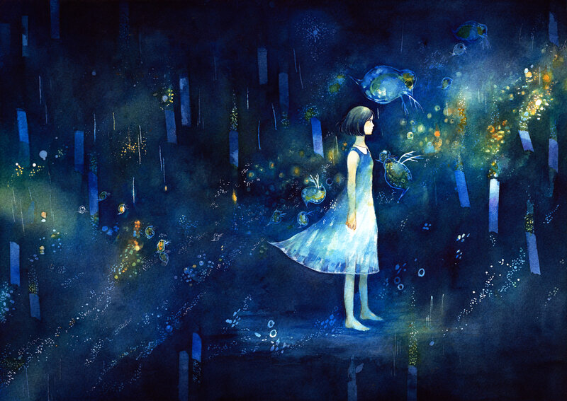 Girl in Blue Dress — Serene, Night, Digital Art, Fish