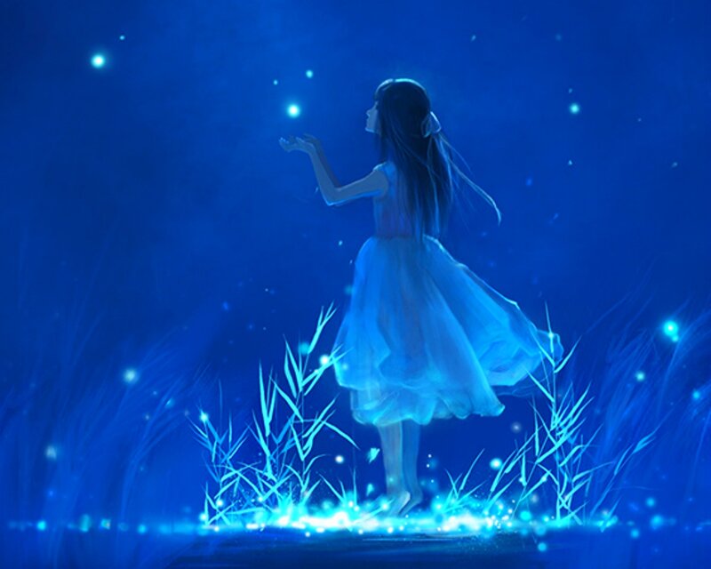 Girl in Blue Dress — Serene, Night, Digital Art, Grass