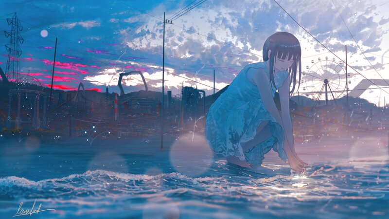 Girl in Blue Dress — Serene, Sunset, Digital Art