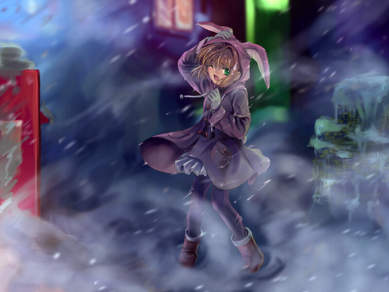 girl in bunny coat in snow