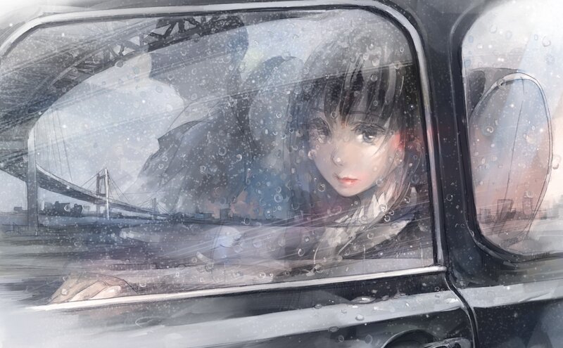 Girl in car on rainy day