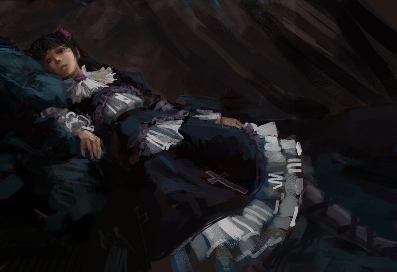 girl in dark dress lying down