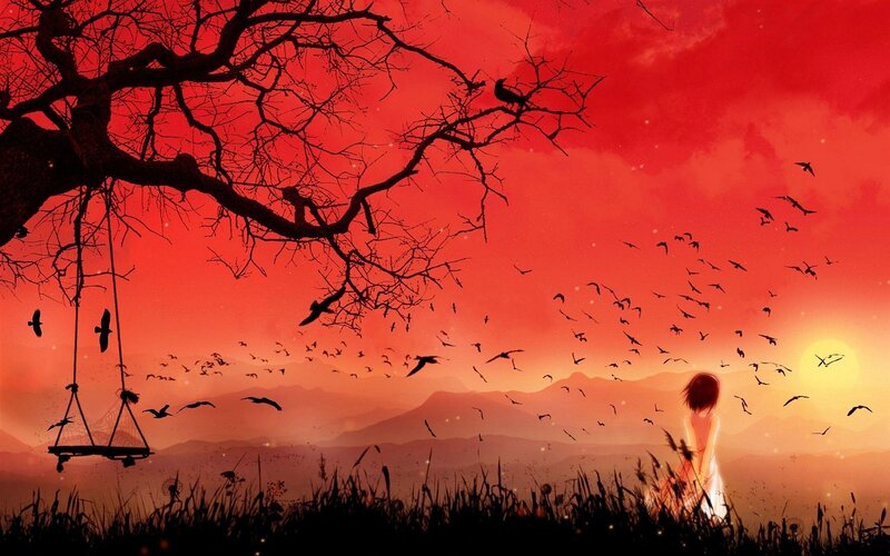 Girl in Field at Sunset — Red, Dramatic