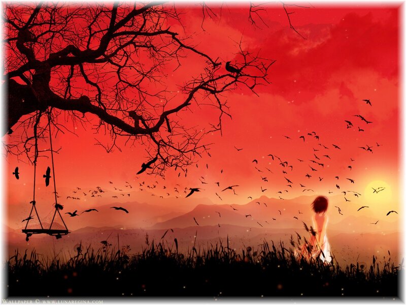 Girl in Field at Sunset — Red
