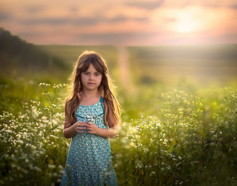 Girl in Field — Green, Serene, Sunset
