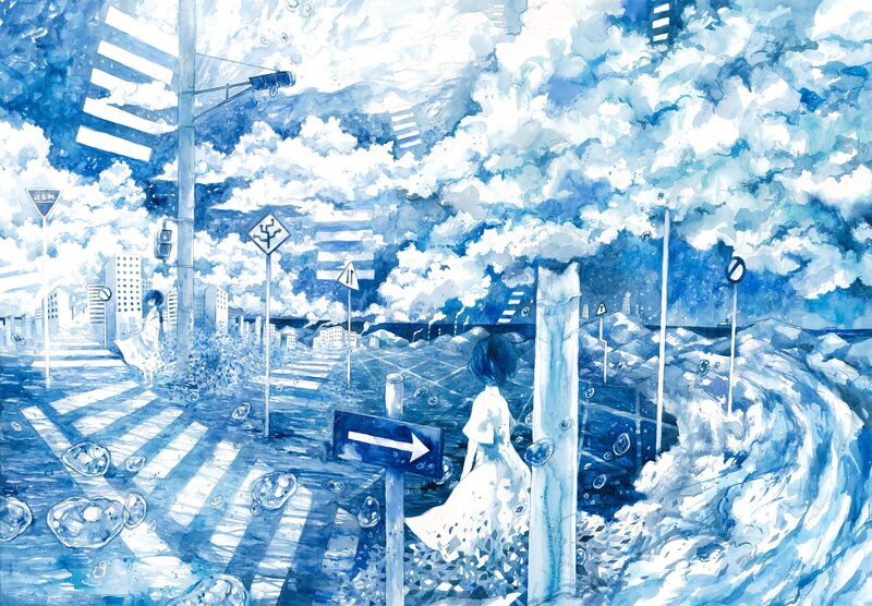Girl in Flooded City — Blue