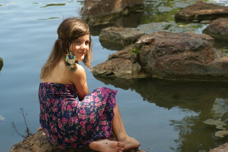 Girl in Floral Dress — Blue, Serene, Afternoon
