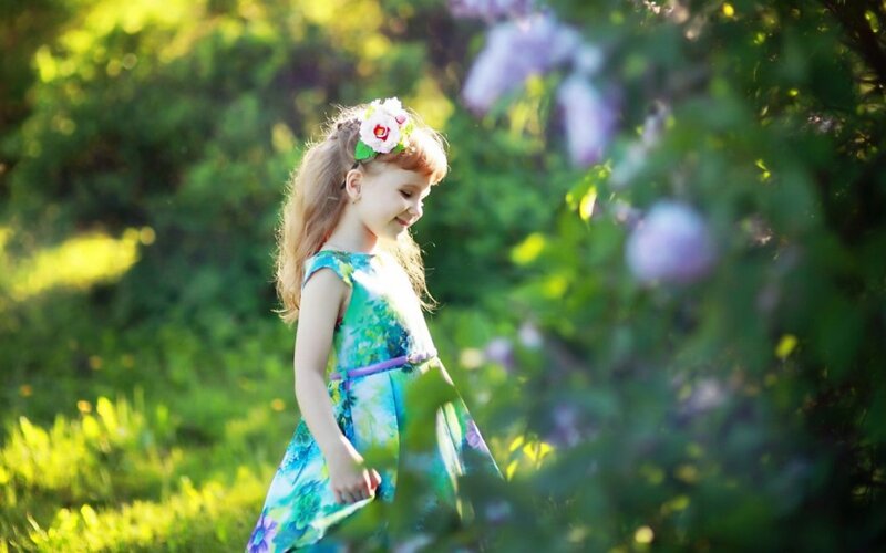 Girl in Floral Dress — Green, Serene, Afternoon, Photograph, Flower Crown